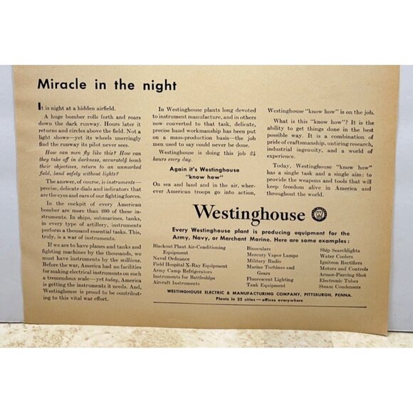 Westinghouse Vintage Print Ad 1940s WWII Bomber Plane Miracle Airfield at Night - Picture 5 of 6